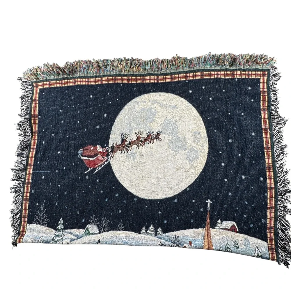 Christmas Tapestry Throw Blanket Santa Reindeer Sleigh Winter Village Fringe